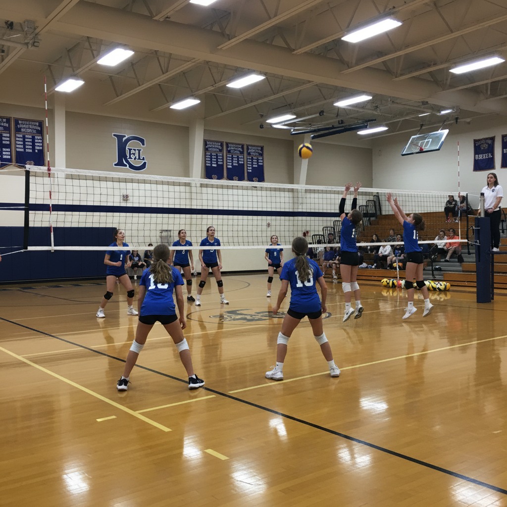 Two youth volleyball teams play a match on an indoor court, with players in blue jerseys and black shorts positioning themselves for the ball.
