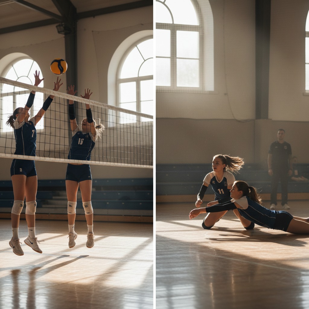 Two female volleyball players jump to block the ball at the net on the left, while another player dives on the court to save the ball on the right in a gym.